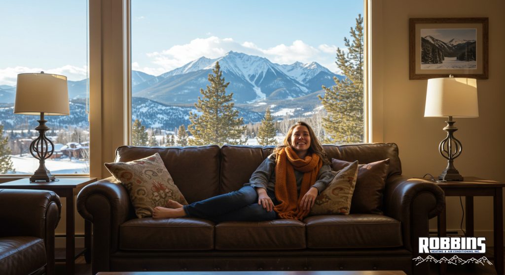 A happy woman sitting on a sofa. The living room is warm, well-lit, and inviting. Behind the sofa is a window showing a Colorado winter.
