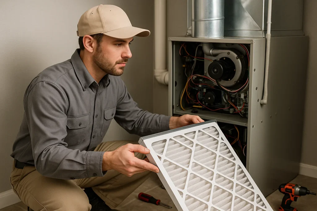 Robbins Heating & Air Conditioning technician performing furnace maintenance to improve efficiency and lower winter heating bills.
