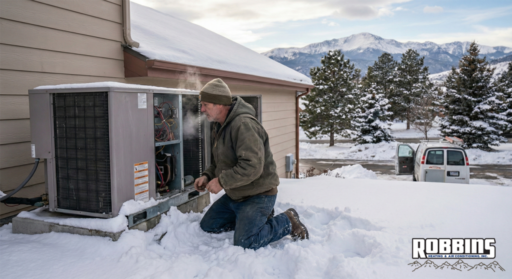 an HVAC technician in Colorado looking at an HVAC unit during the winter