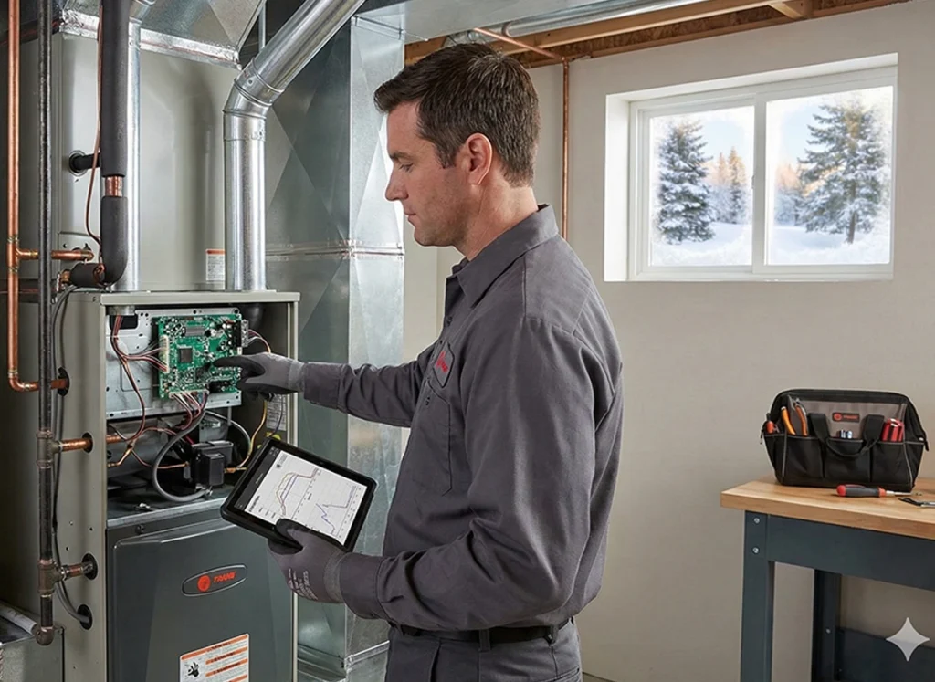 HVAC technician diagnosing furnace cycling with diagnostic tablet in Colorado basement utility area