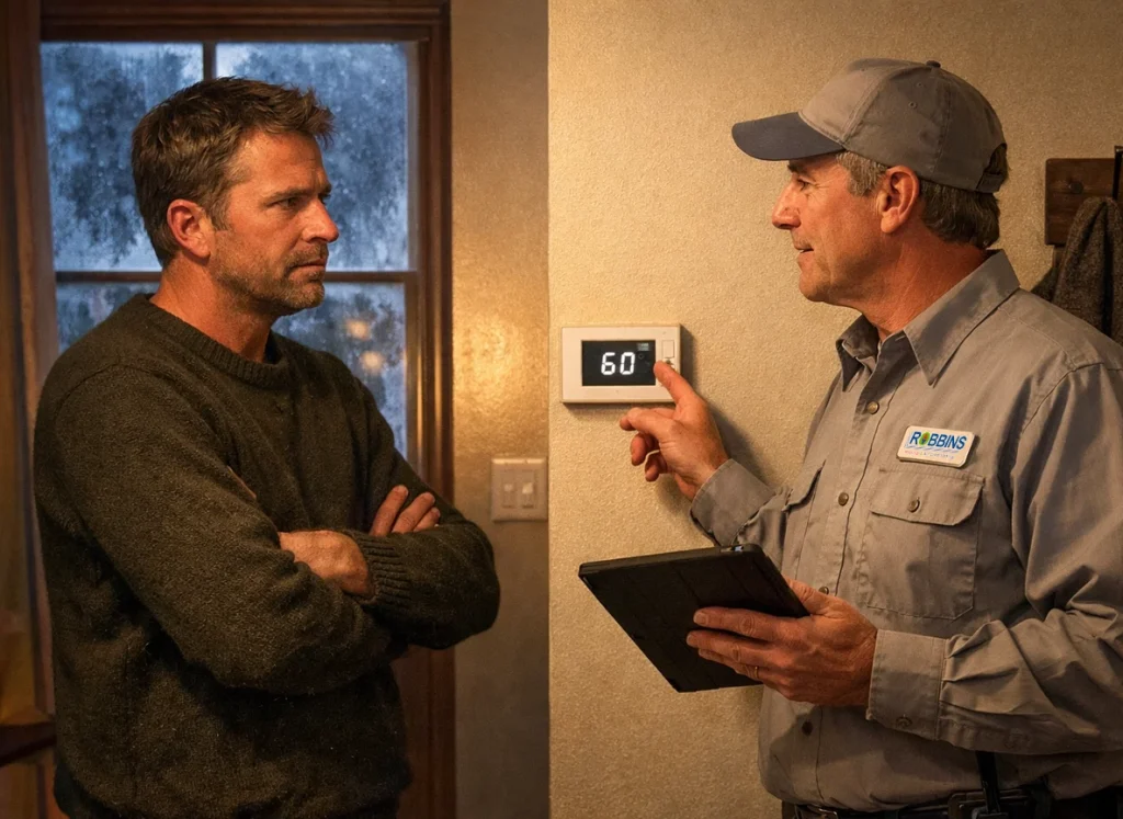 Homeowner and HVAC technician discuss emergency heating problem in winter