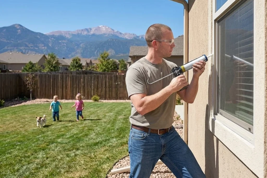 An image of a homeowner seal his windows.