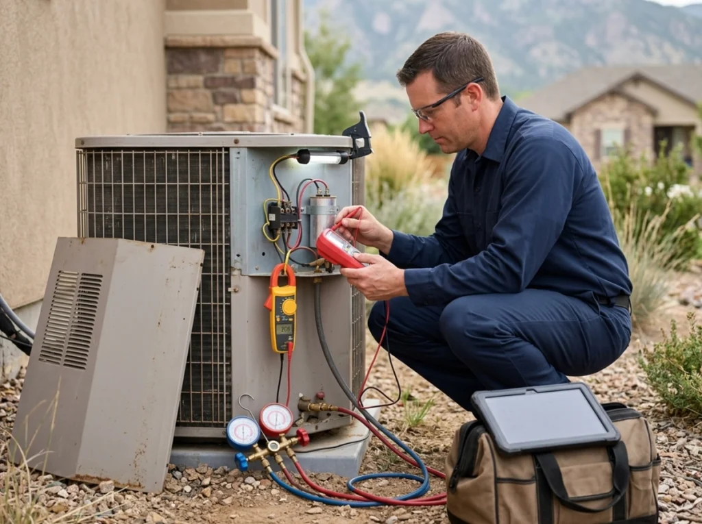 HVAC technician diagnosing air conditioner repair issue