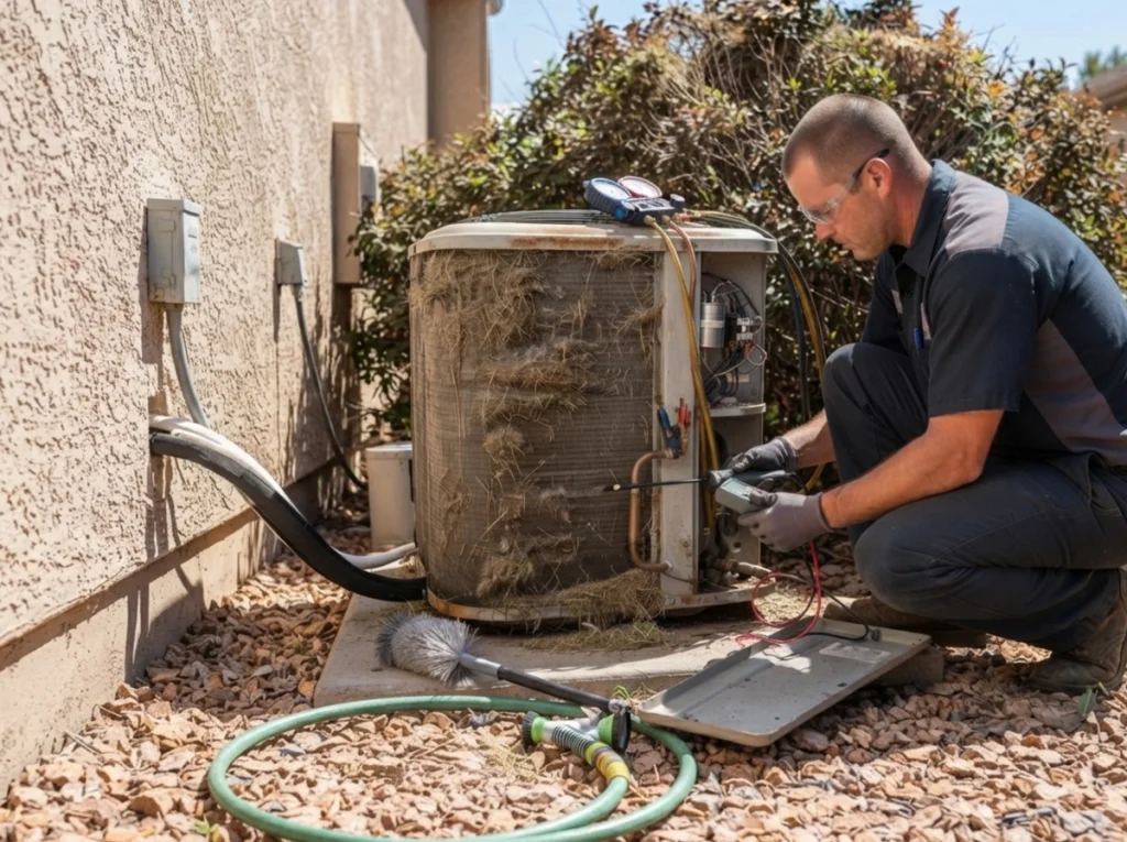 HVAC technician checking a dirty condenser and refrigerant leak in Colorado